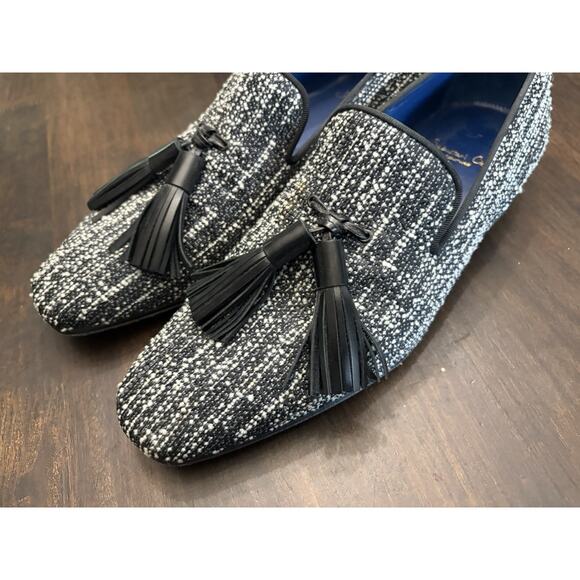 Sebastian Cruz Couture Black White Slip Tweed Loafers Tassle 40 Size 7.5 $1295